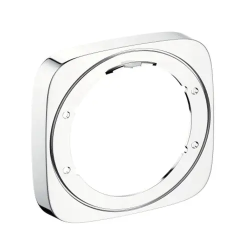 Wandmontageplatte in Hochglanz mit runder Aussparung, geeignet für Hansgrohe Produkte, zum Anbringen an Wänden oder für Zubehörteile.